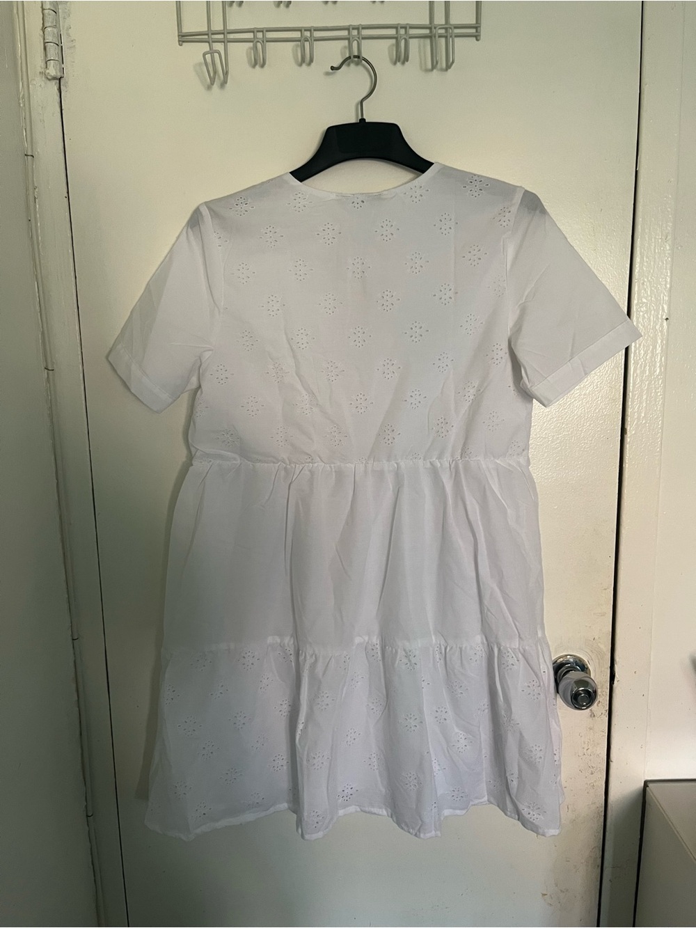 Tiered Eyelet V-Neck Tunic Dress in White - Picture 2 of 6